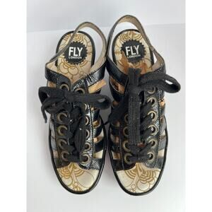 Fly London Yito Black Patent Leather Caged Wedge Sandals EU 39 US 8.5